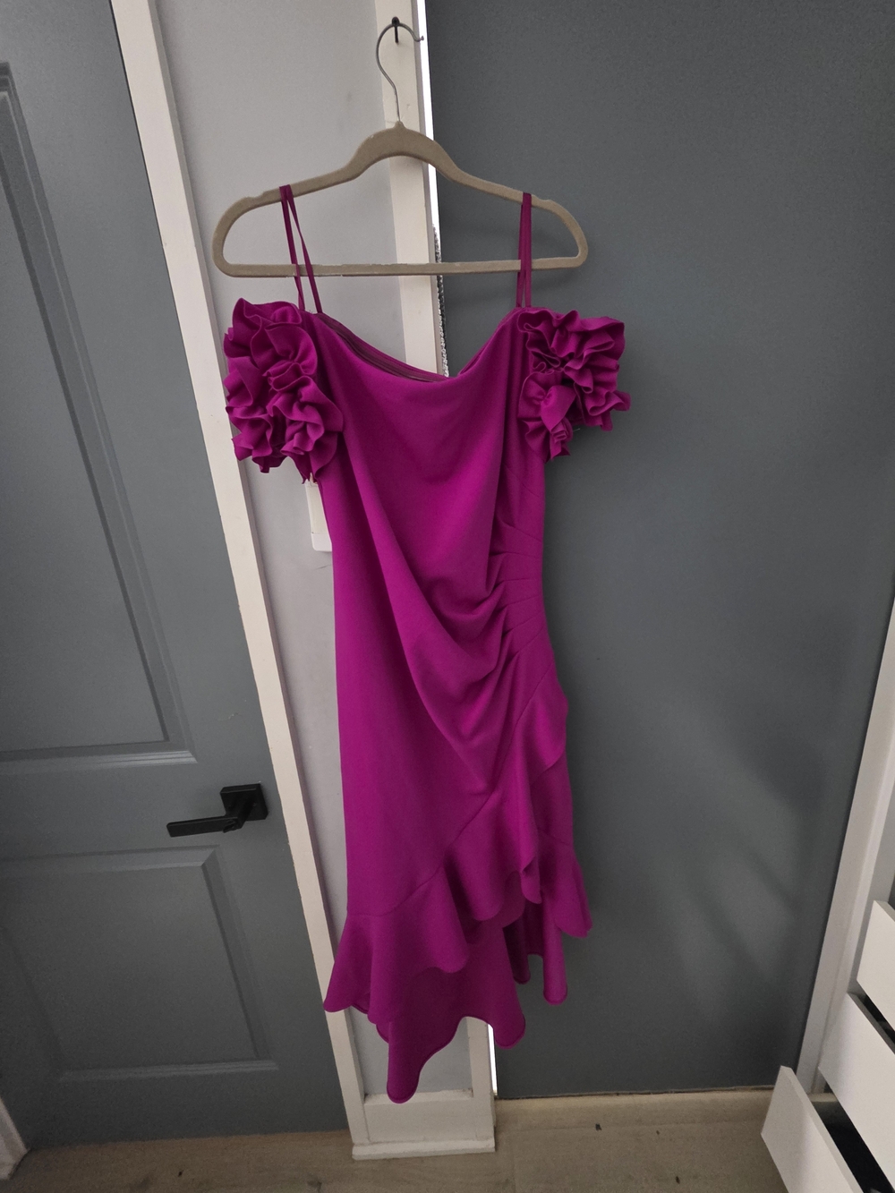 Xscape Fuchsia Off-Shoulder Ruffle Midi Dress - Picture 2 of 8